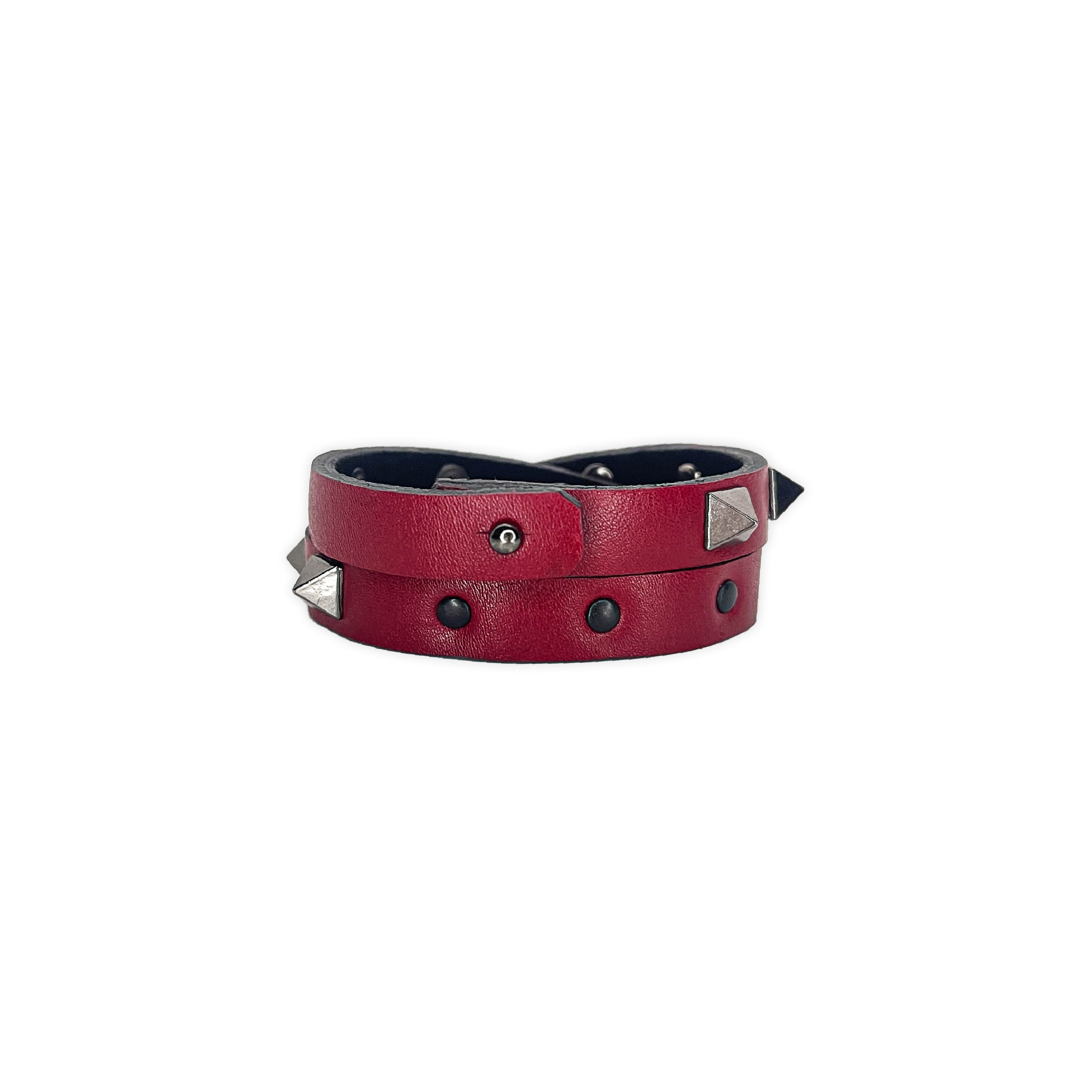 SWC-004 / Red Leather Cross Wrap Studded Bracelet