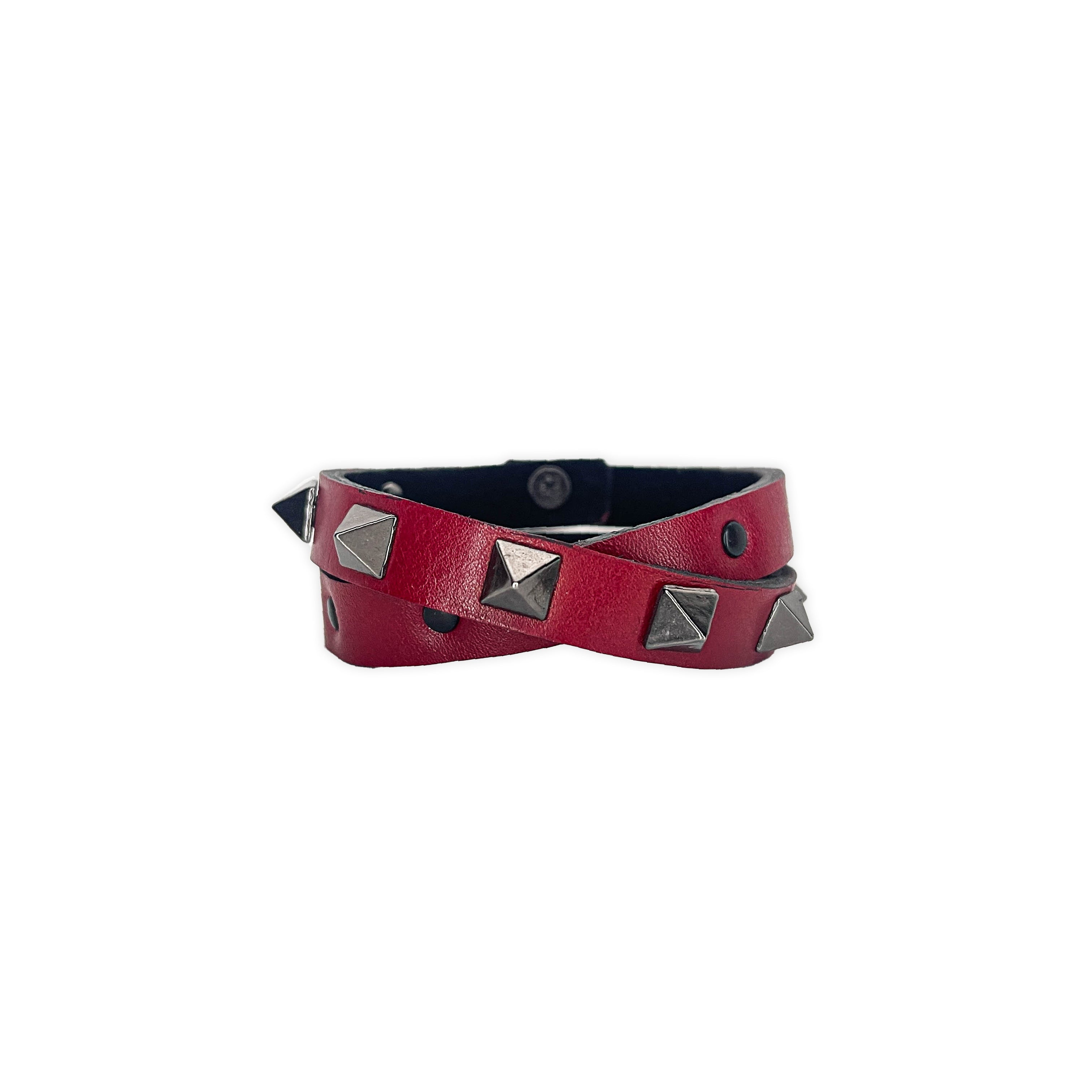 SWC-004 / Red Leather Cross Wrap Studded Bracelet