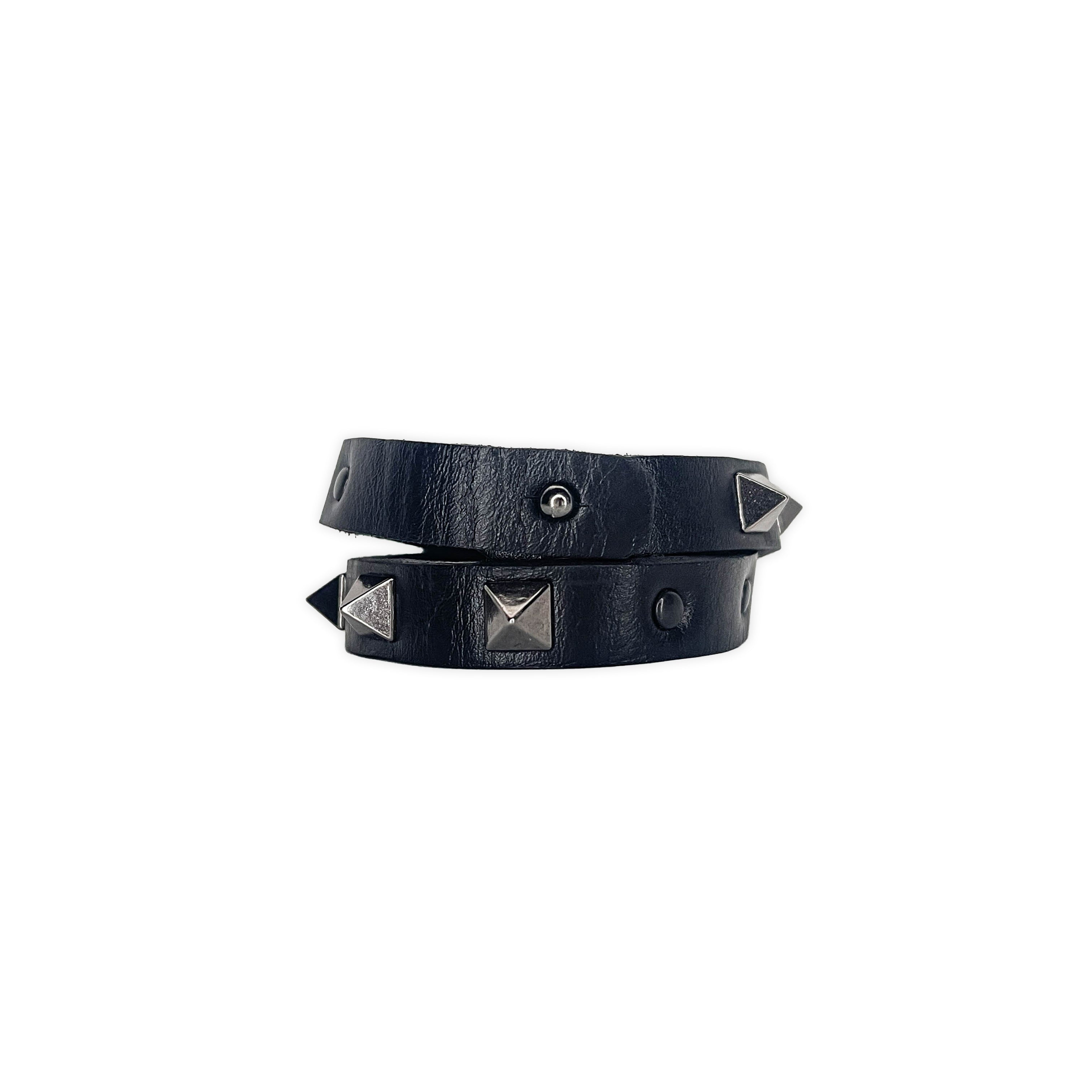 SWC-001 / Black Leather Cross Wrap Studded Bracelet