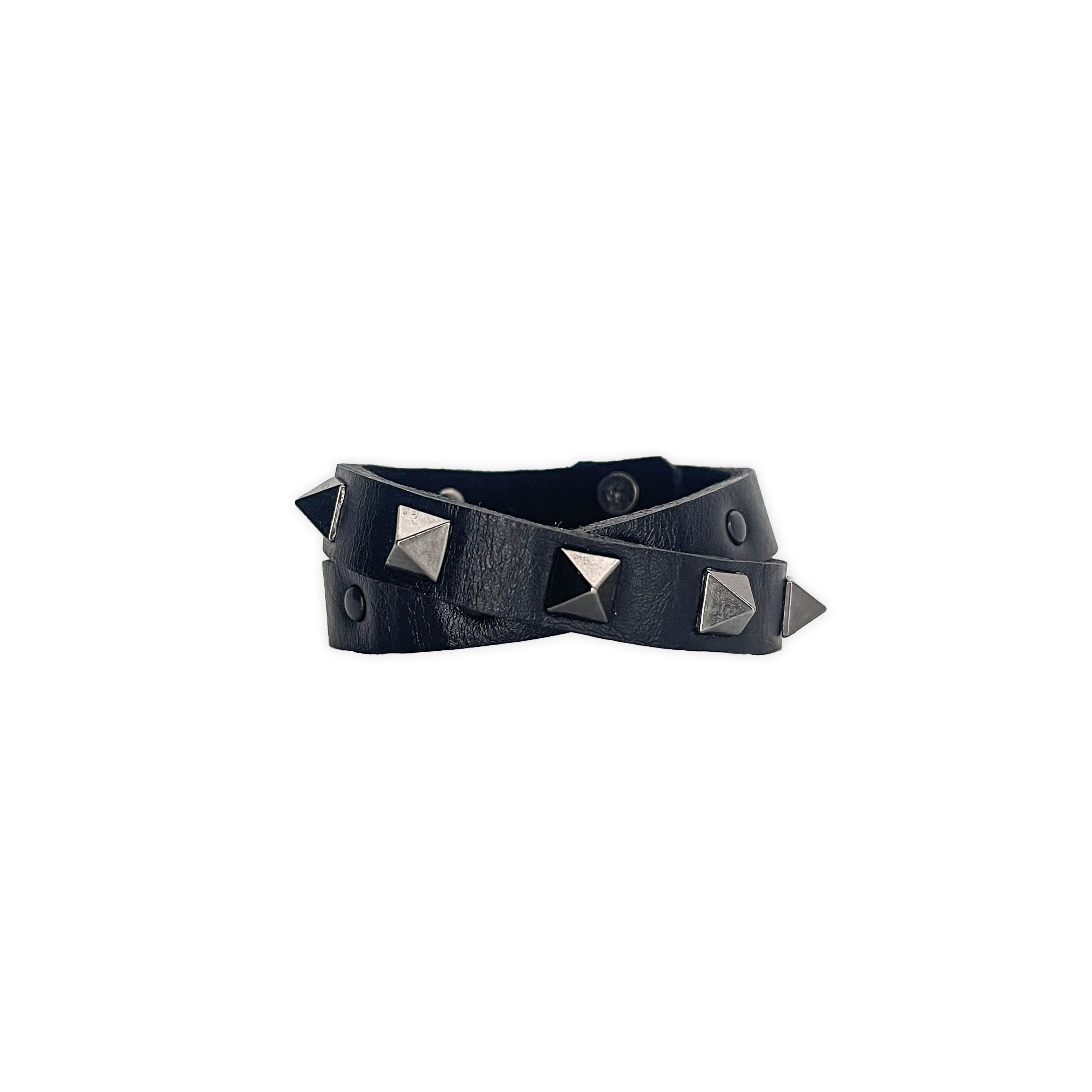 SWC-001 / Black Leather Cross Wrap Studded Bracelet