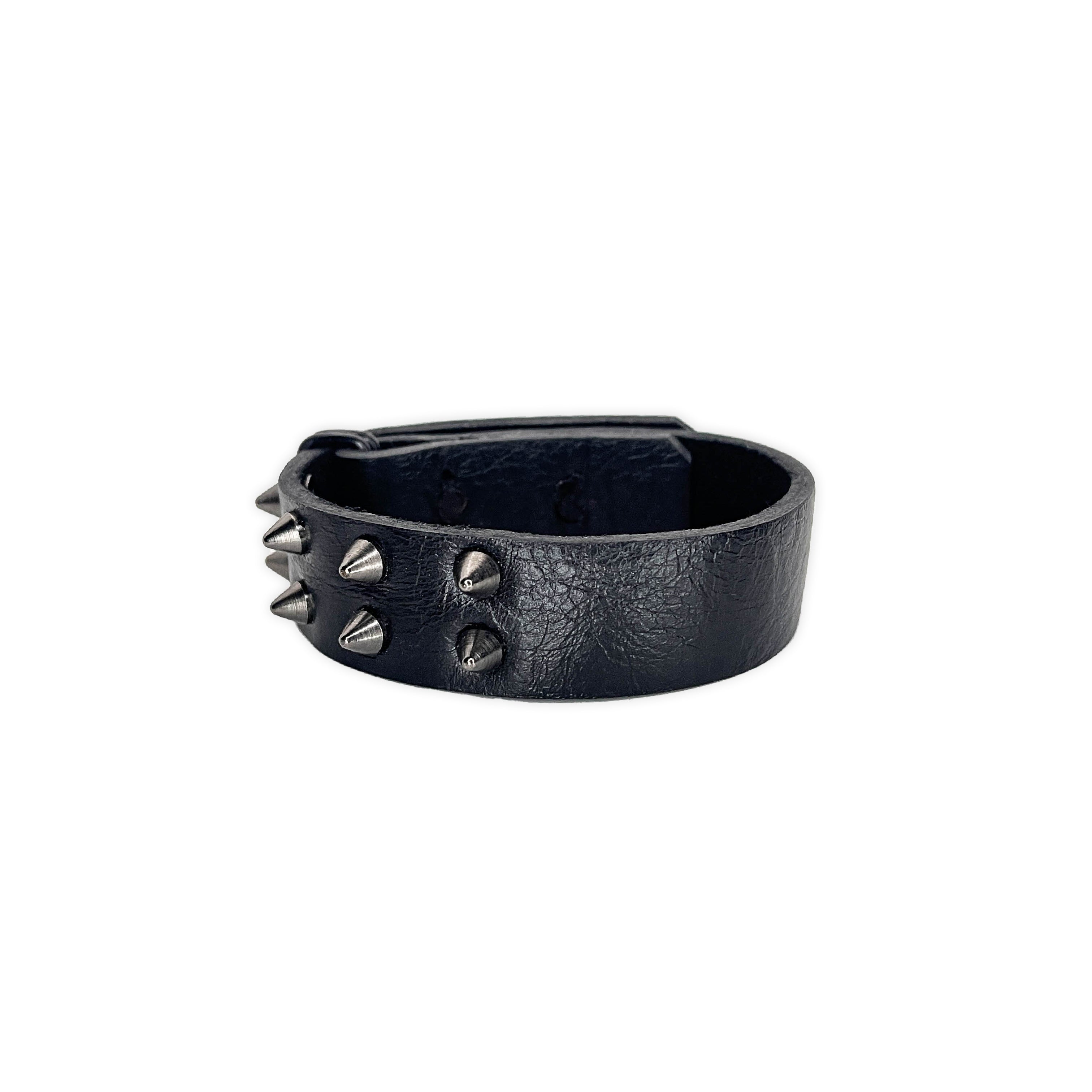 SW2-001 / Black Leather 2-Ringed Spiked Bracelet