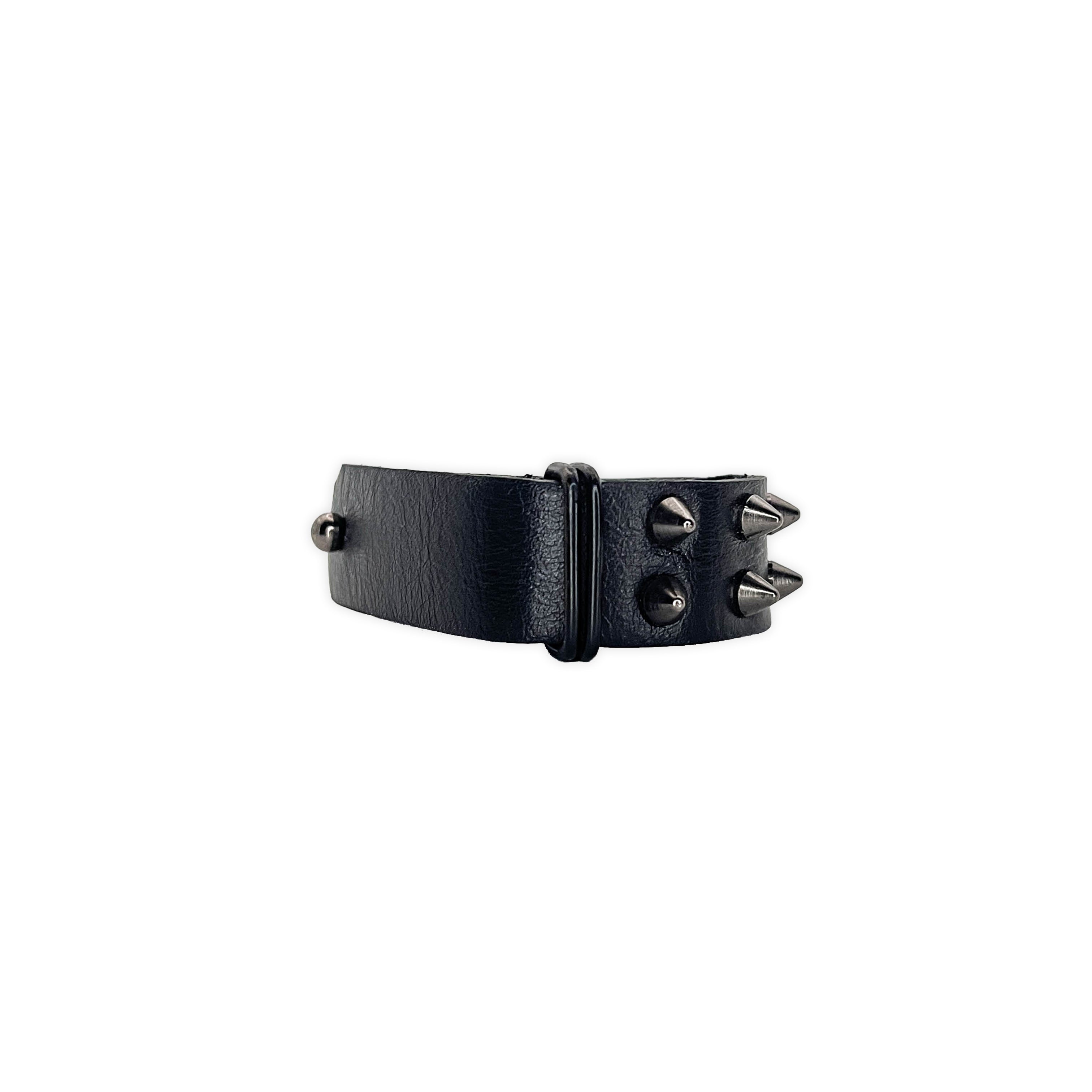 SW2-001 / Black Leather 2-Ringed Spiked Bracelet