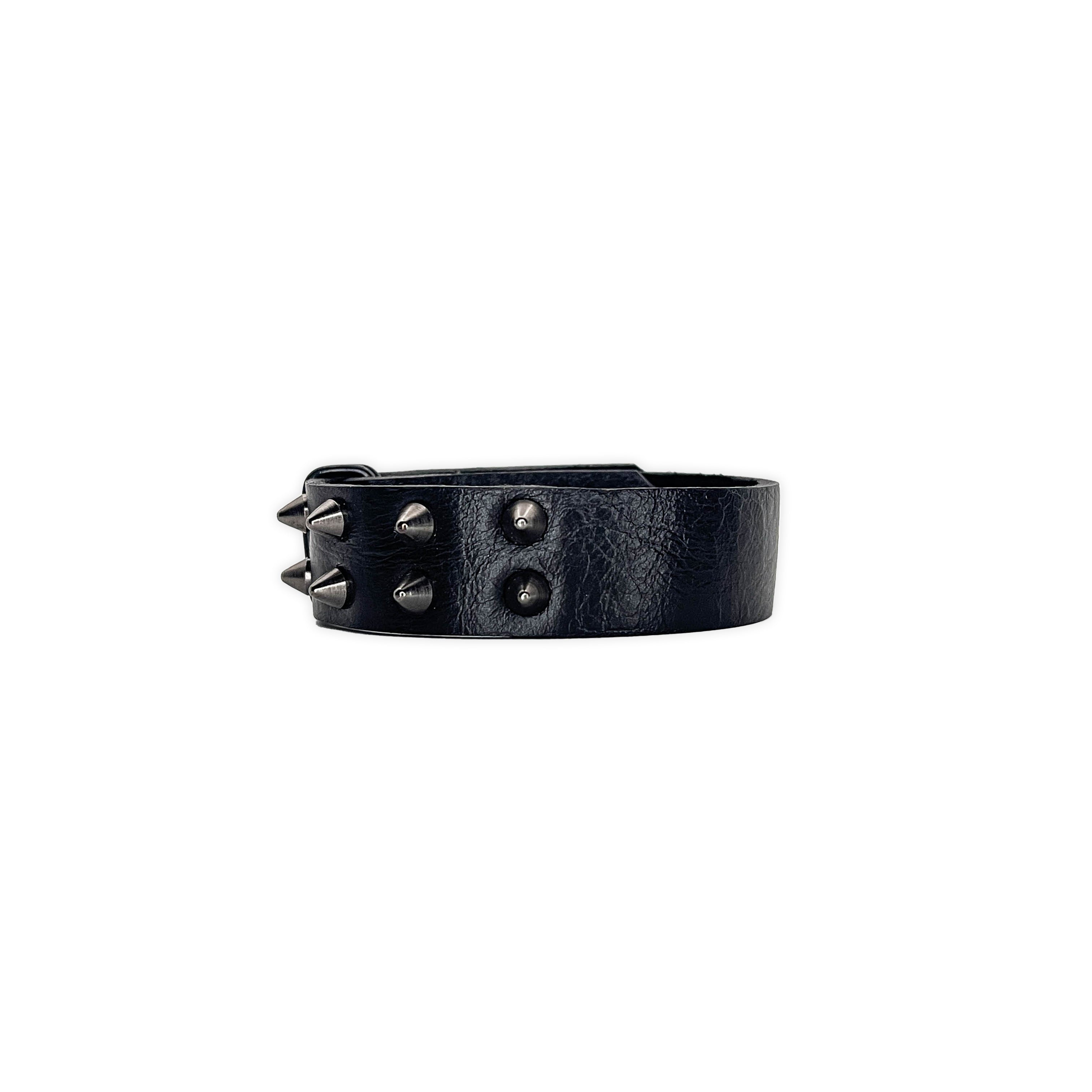 SW2-001 / Black Leather 2-Ringed Spiked Bracelet