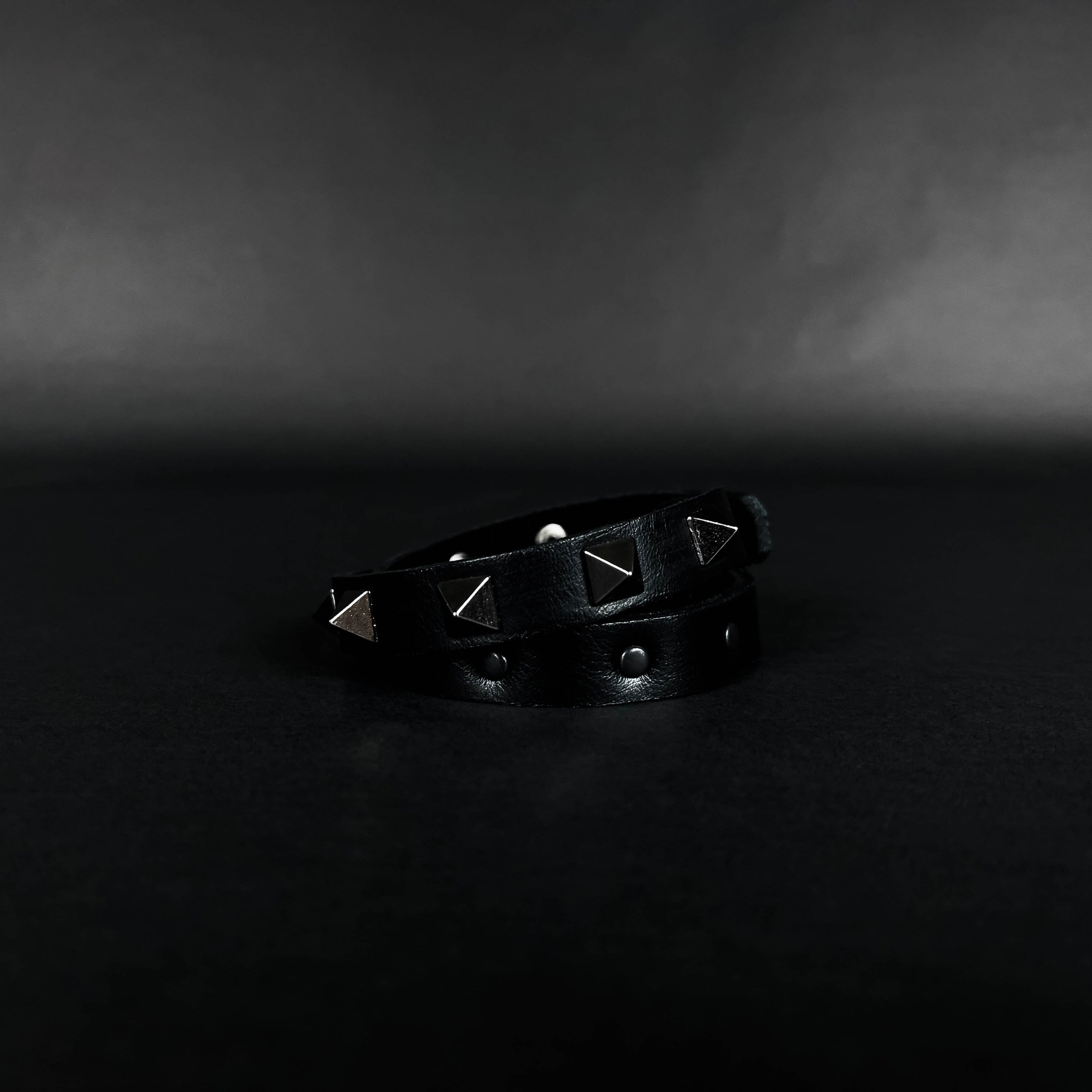 SWC-002 / Black Leather Cross Wrap Studded Bracelet