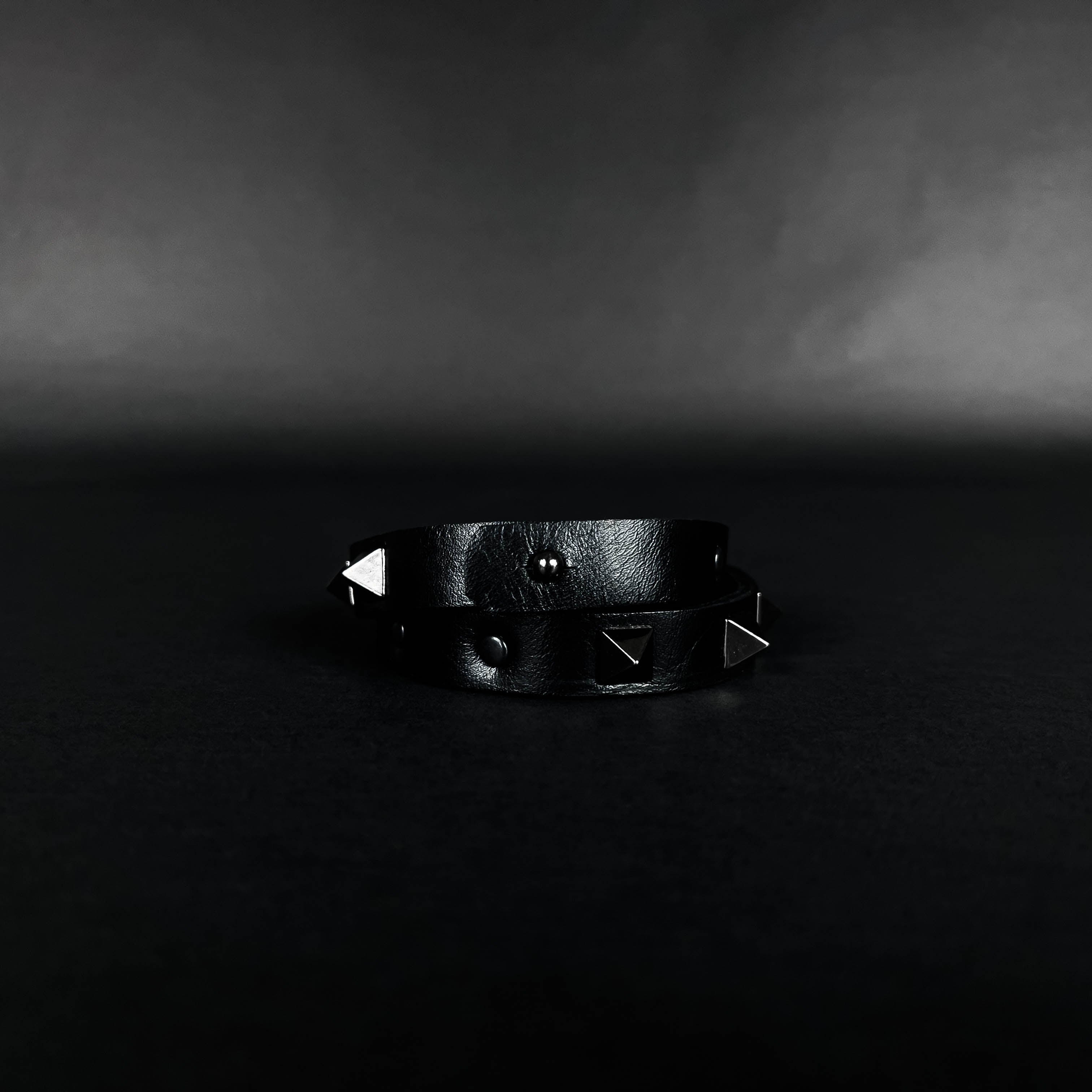 SWC-002 / Black Leather Cross Wrap Studded Bracelet