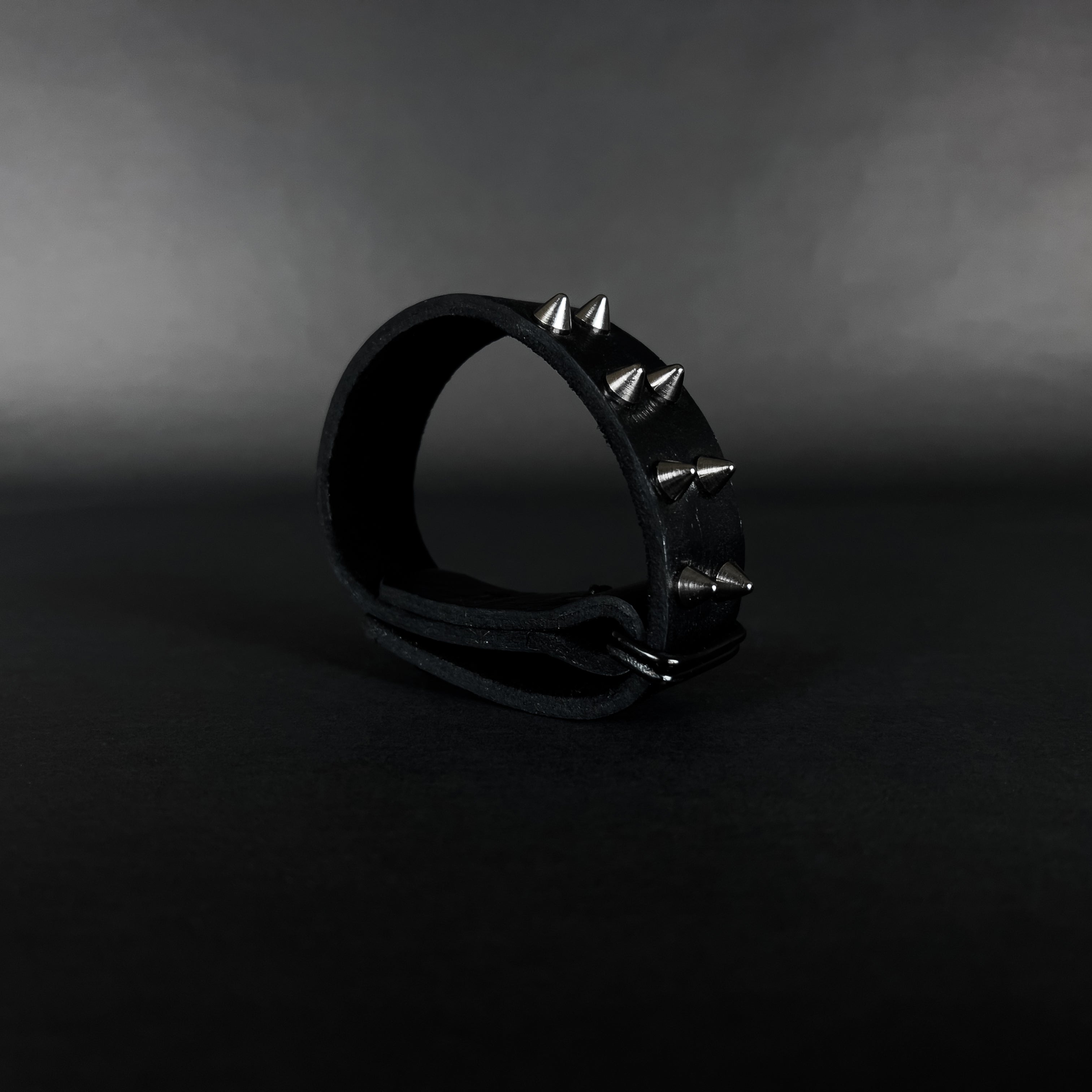 SW2-002 / Black Leather 2-Ringed Spiked Bracelet