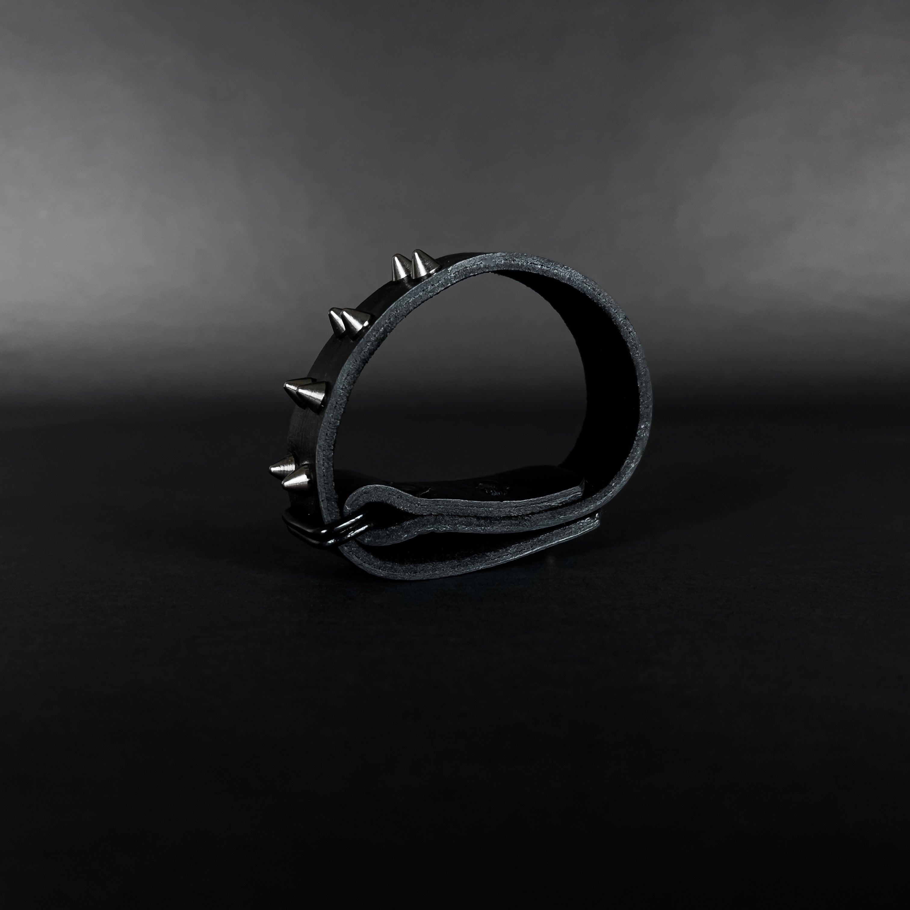 SW2-002 / Black Leather 2-Ringed Spiked Bracelet