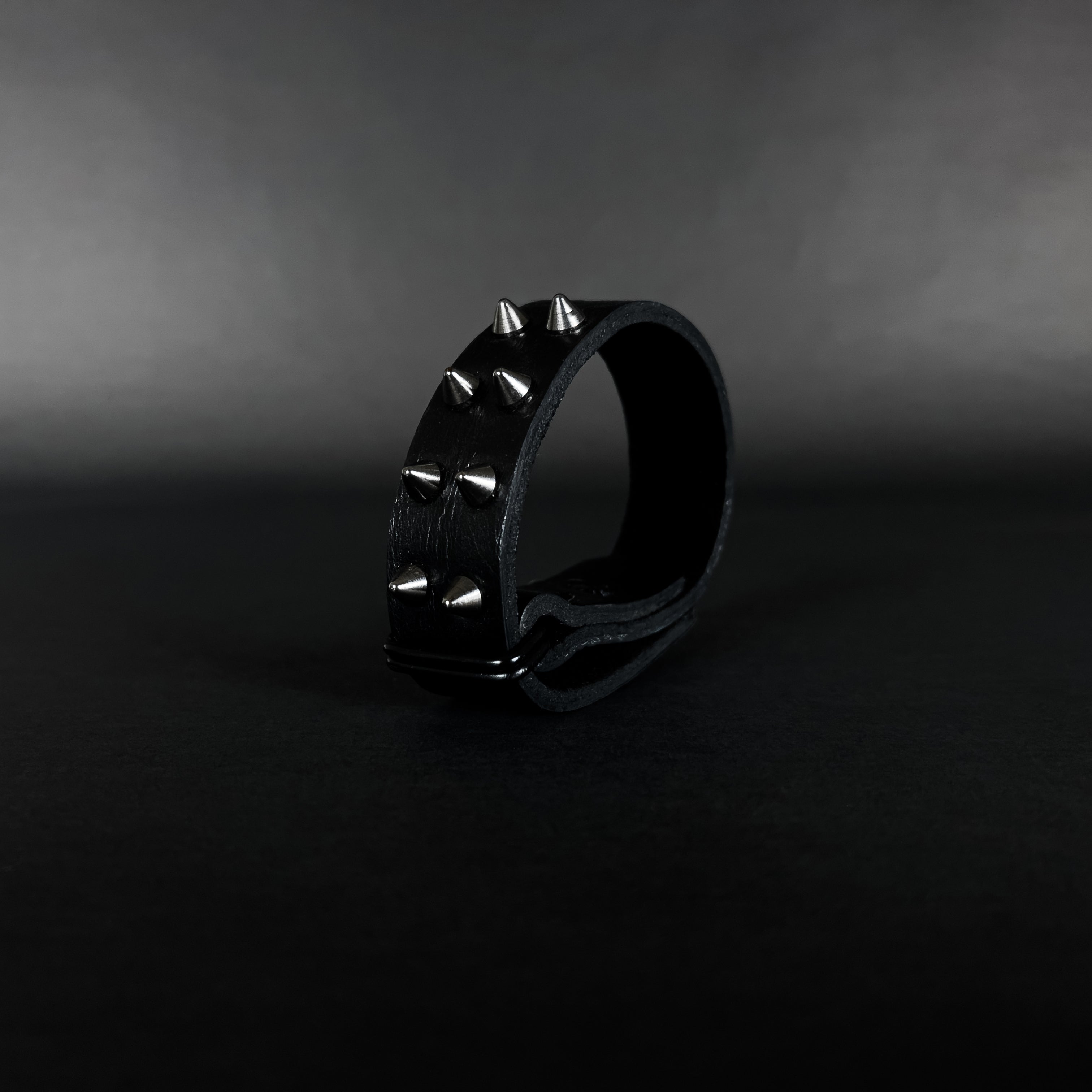 SW2-002 / Black Leather 2-Ringed Spiked Bracelet